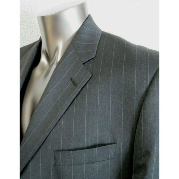 Mens Lauren  Ralph Lauren Black Gray 3 Button Suit‎ Jacket Size 44R Striped Wool - Picture 5 of 9